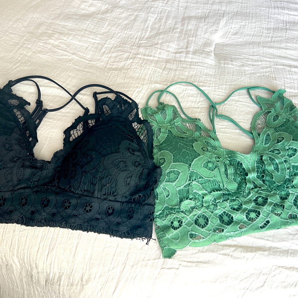 Free People Lace Bralette Set - Green and Black
